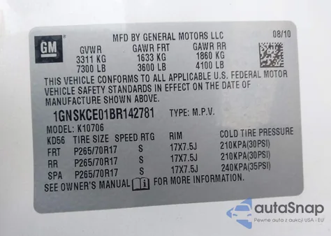 2011 Chevrolet Tahoe Ltz from USA, damaged, VIN 1GNSKCE01BR142781